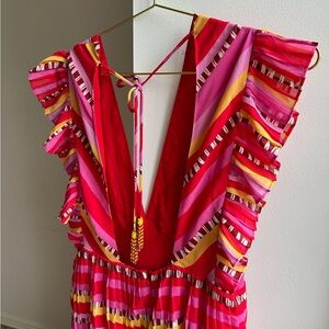 Farm Rio Midi Dress M Lucy Stripes Pleated